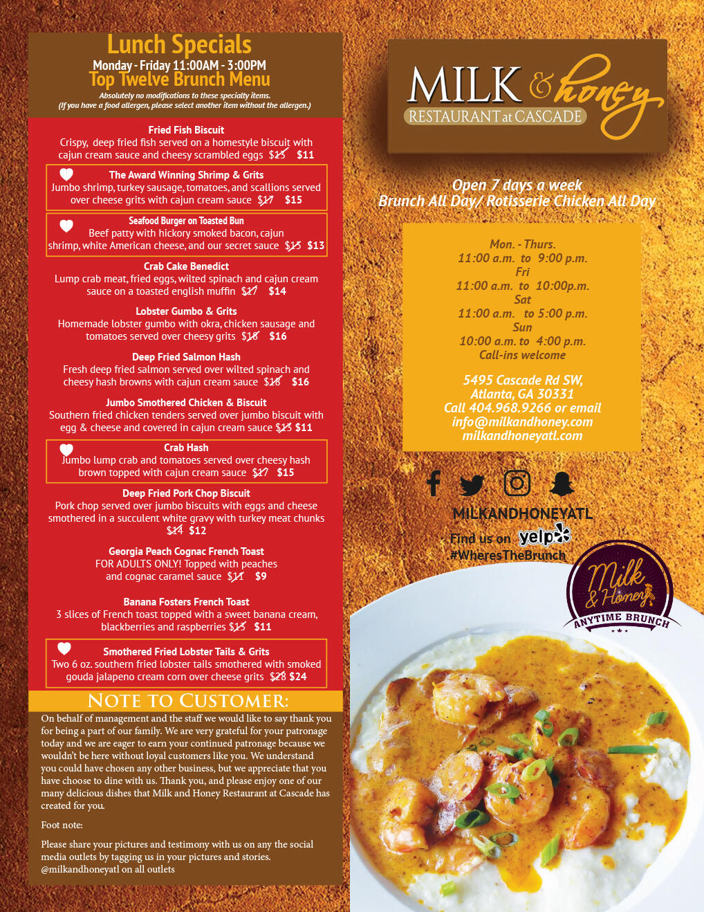 Milk & Honey Restaurant at Cascade 328 Atlanta, GA