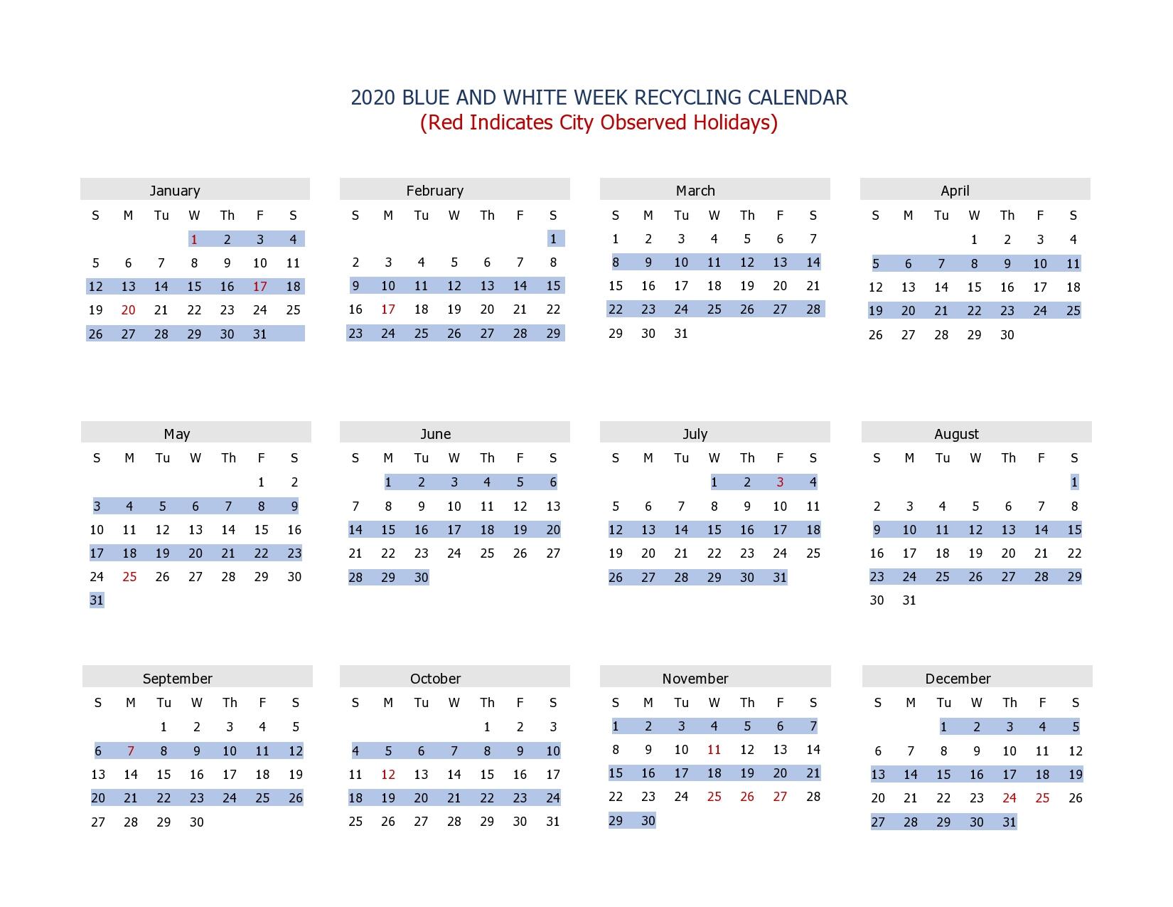 City of Portsmouth 2020 Blue and White Recycling Calendar (City of