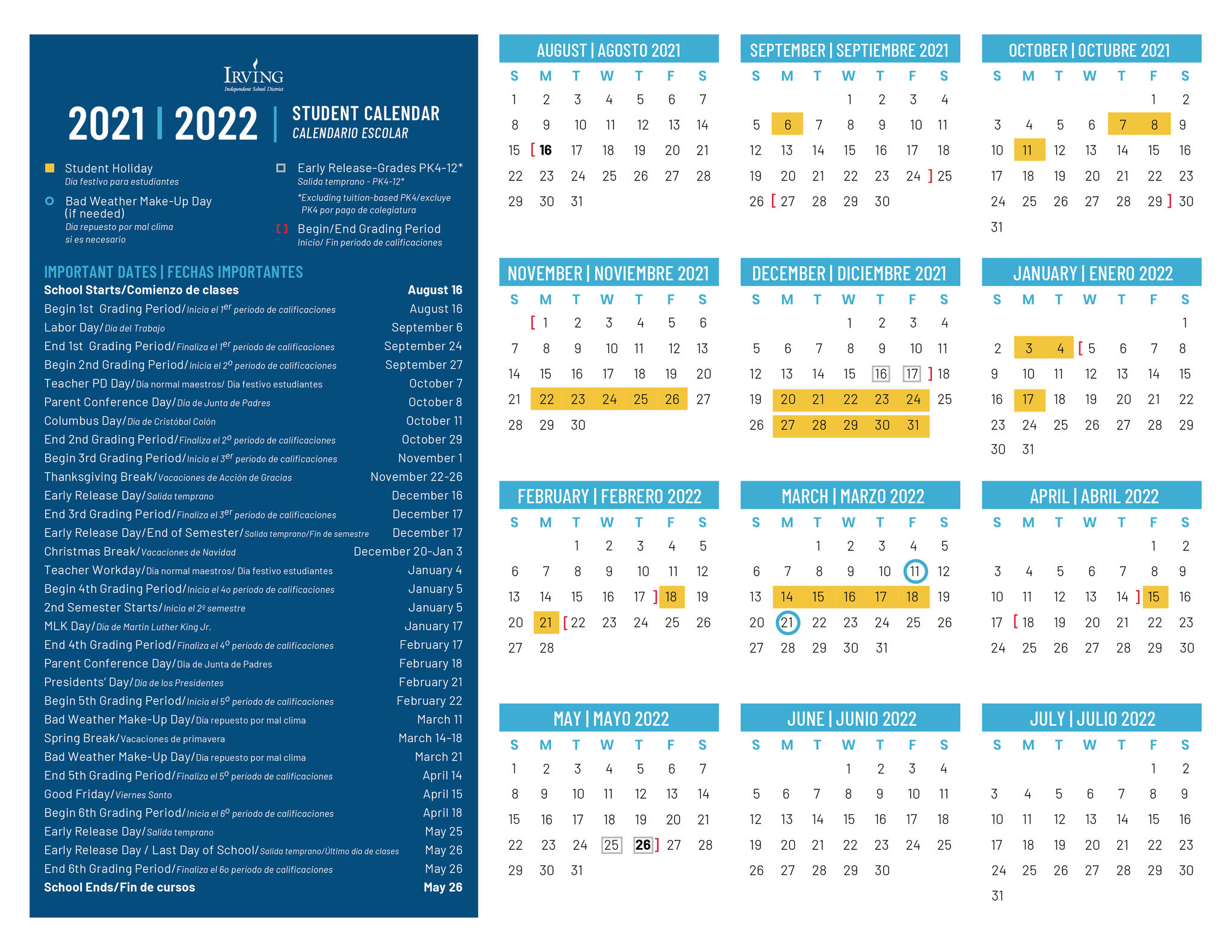 2021 22 School Calendar Approved Irving Isd Mdash Nextdoor Nextdoor