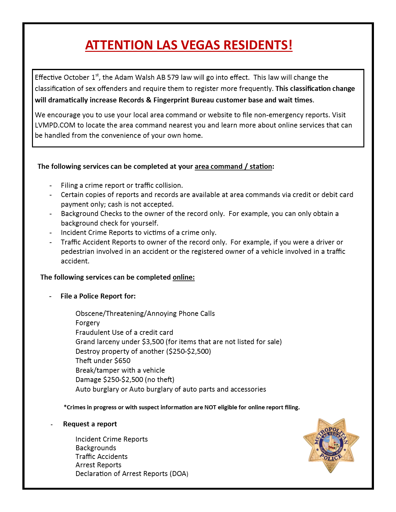 Filing A Police Report Las Vegas Metropolitan Police Department