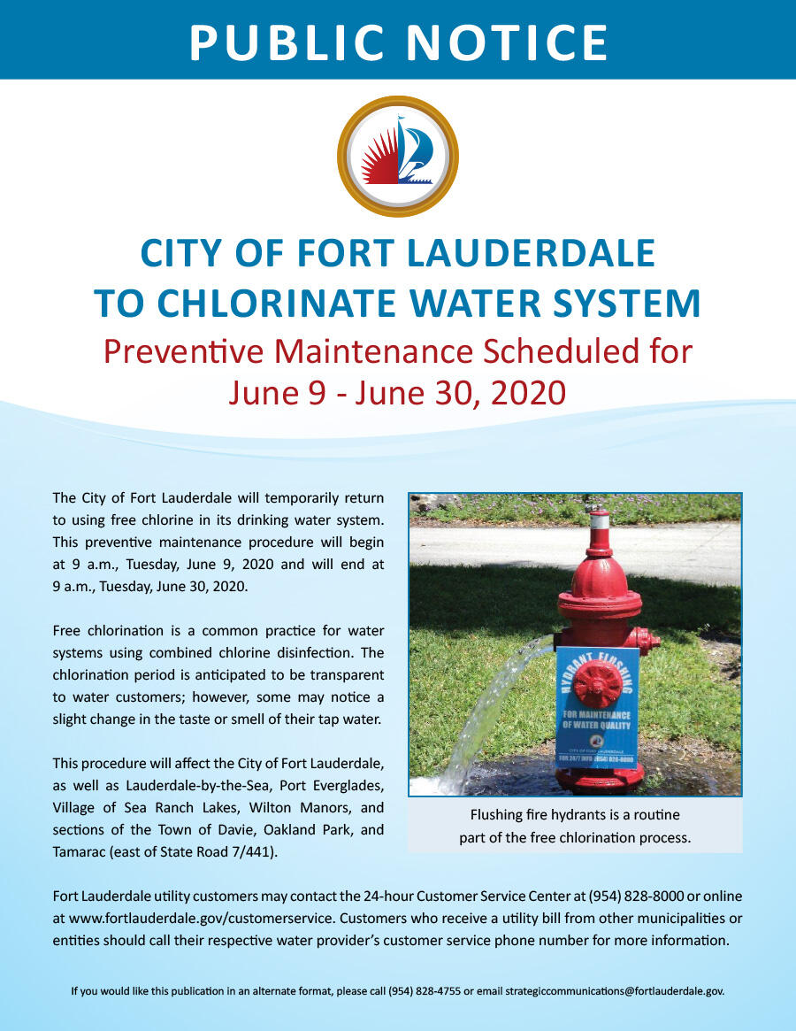 City Of Fort Lauderdale To Chlorinate Water System City Of