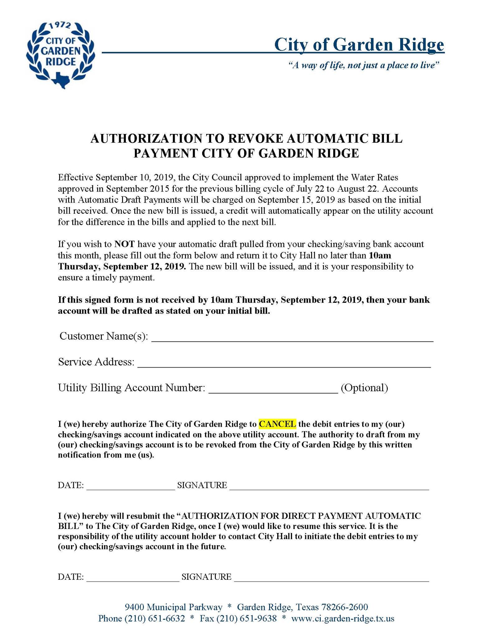 Automatic Draft Payment Revoke Form For September Bill City Of