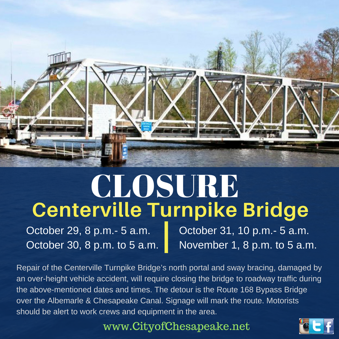 CLOSURE Centerville Turnpike Bridge for Repairs (City of Chesapeake