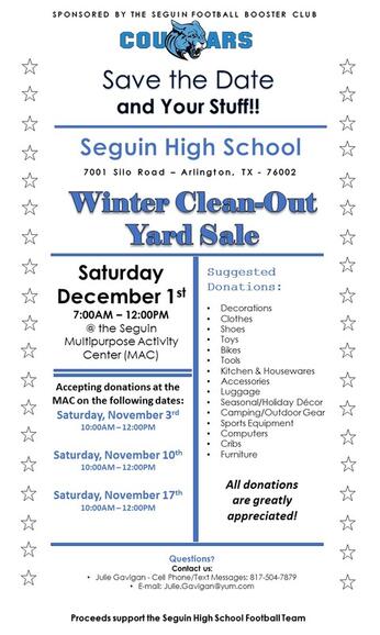 Dec 1 Seguin High School Football Booster Club Garage Sale