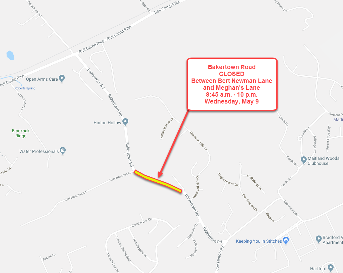 (West Knox County) Bakertown Road Closure [May 9] (Knoxville Utilities
