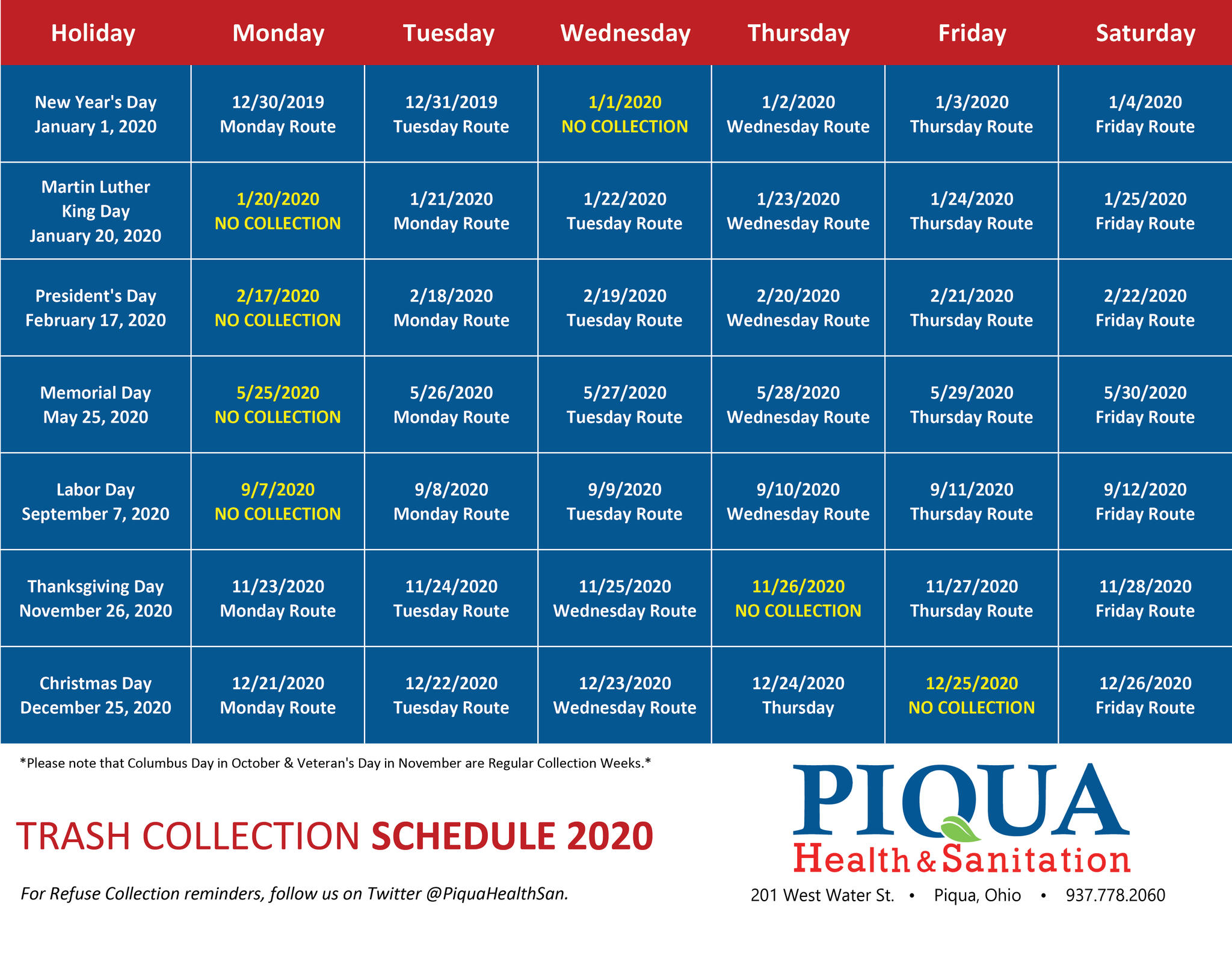 2020 Trash Collection Schedule (City of Piqua) — Nextdoor — Nextdoor