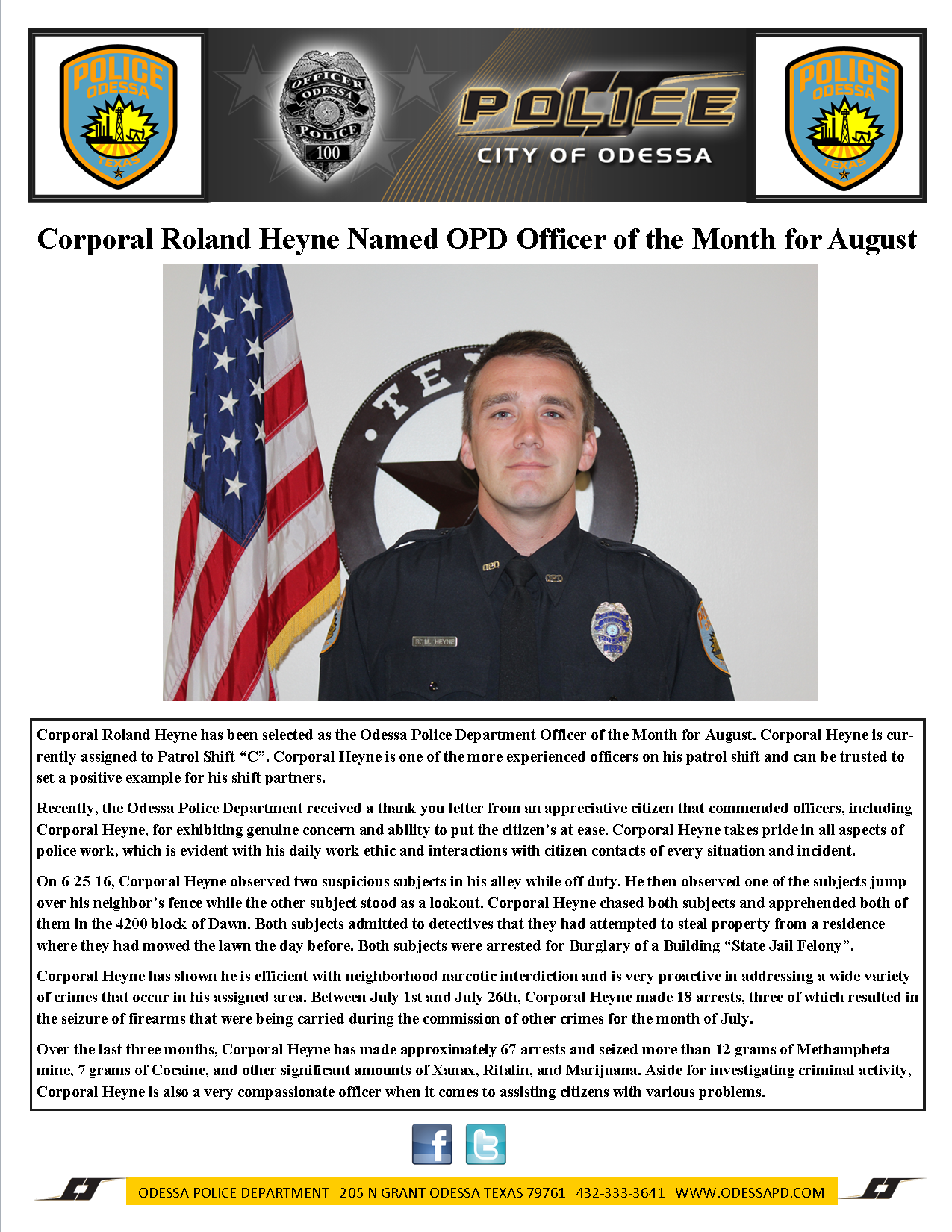 Corporal Roland Heyne Named OPD Officer of the Month for August (Odessa ...