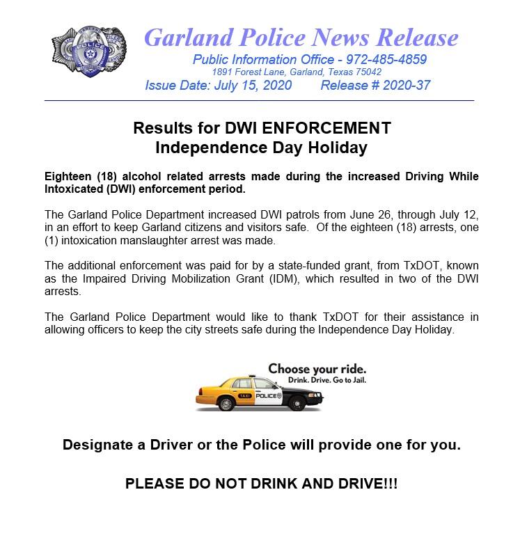 Results For Dwi Enforcement Independence Day Holiday Garland Police Department Mdash Nextdoor Nextdoor