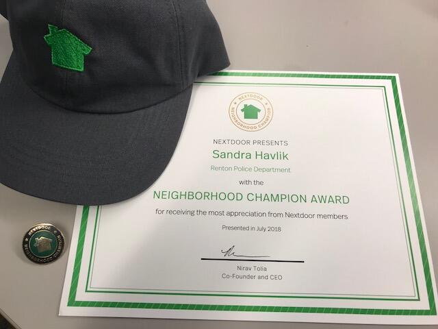2018 Nextdoor Neighborhood Champion Award Thank You Renton