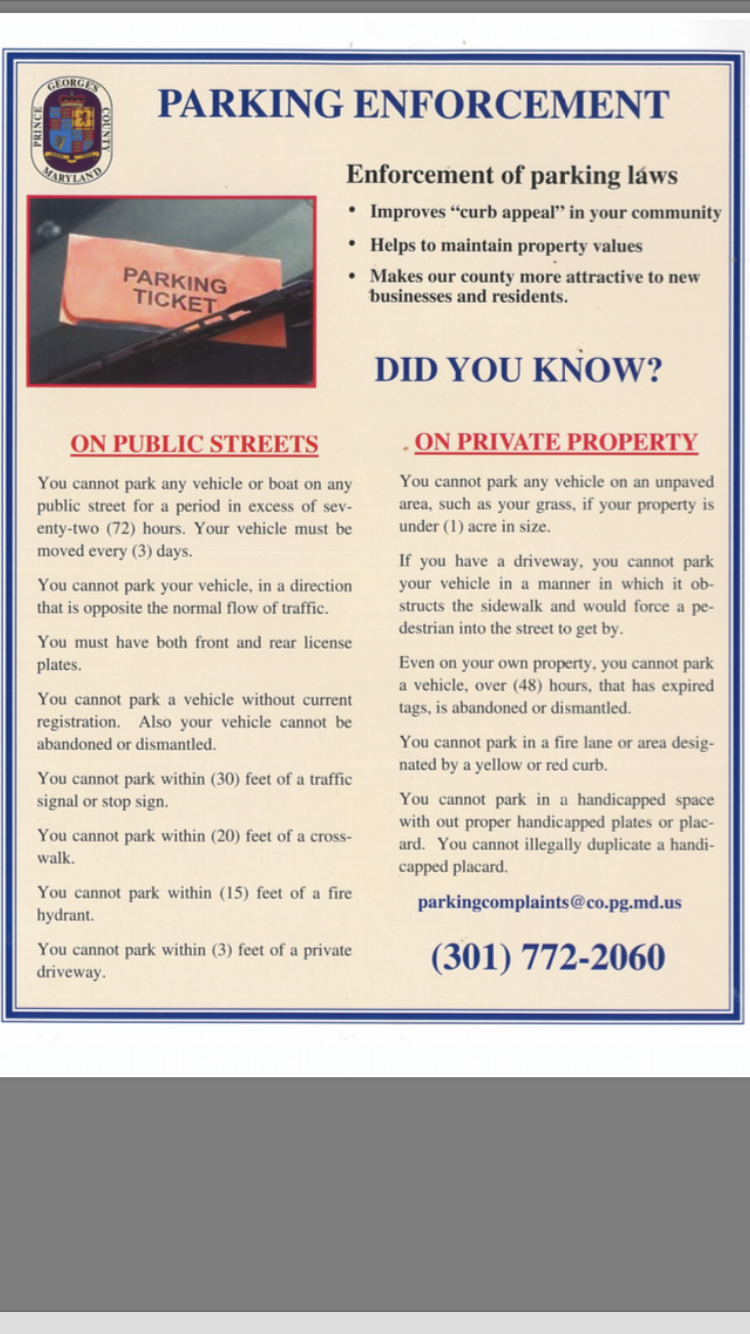 Parking Enforcement Flyer (Prince County Police Department