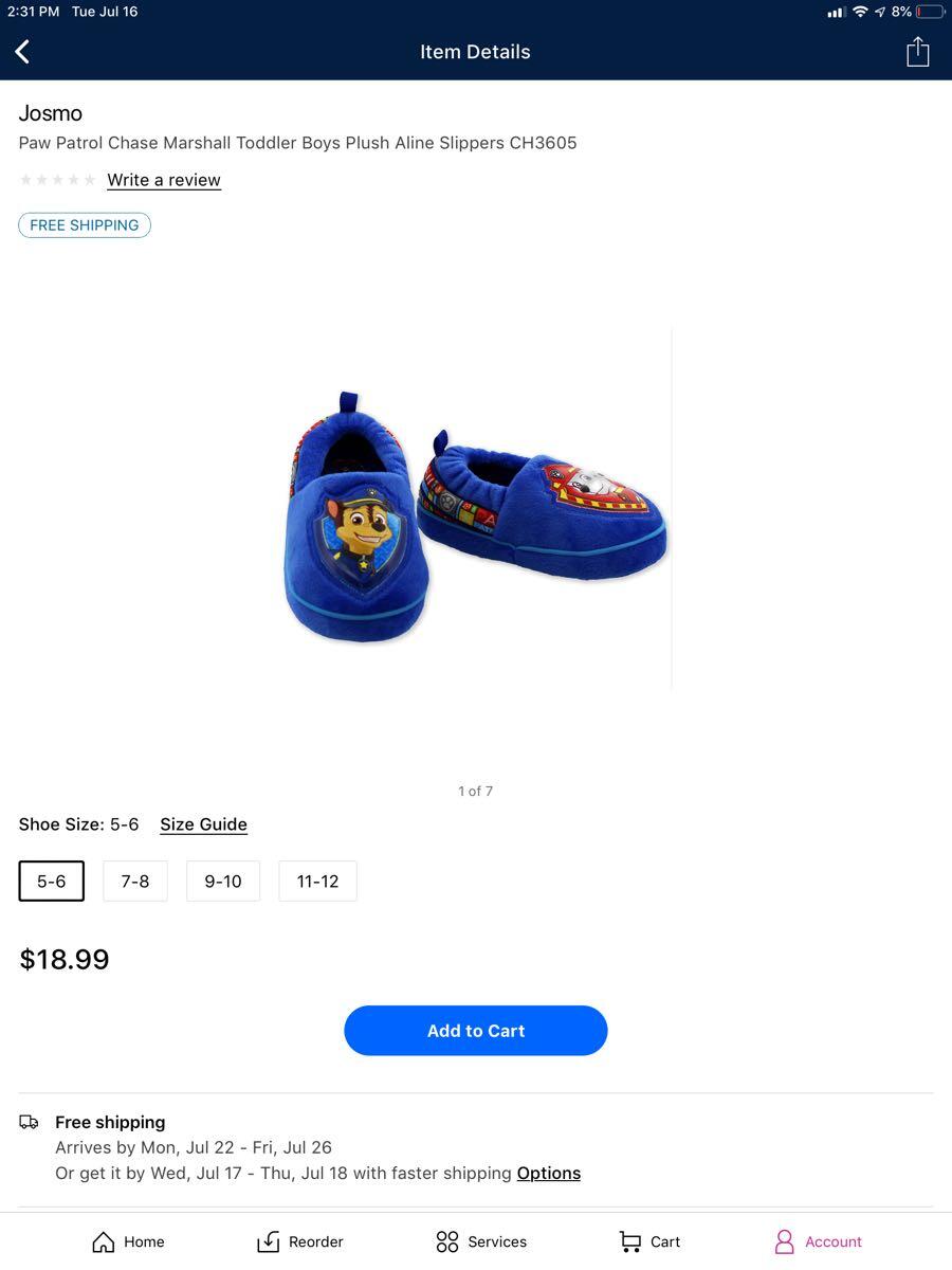 paw patrol slippers size 8