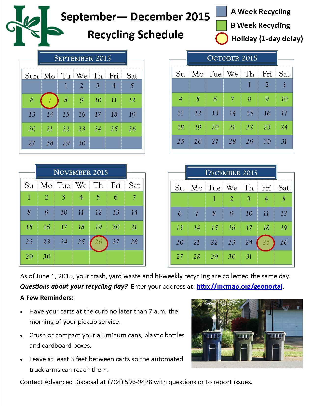 Labor Day Trash Delay and Weekly Recycling Calendar (Town of