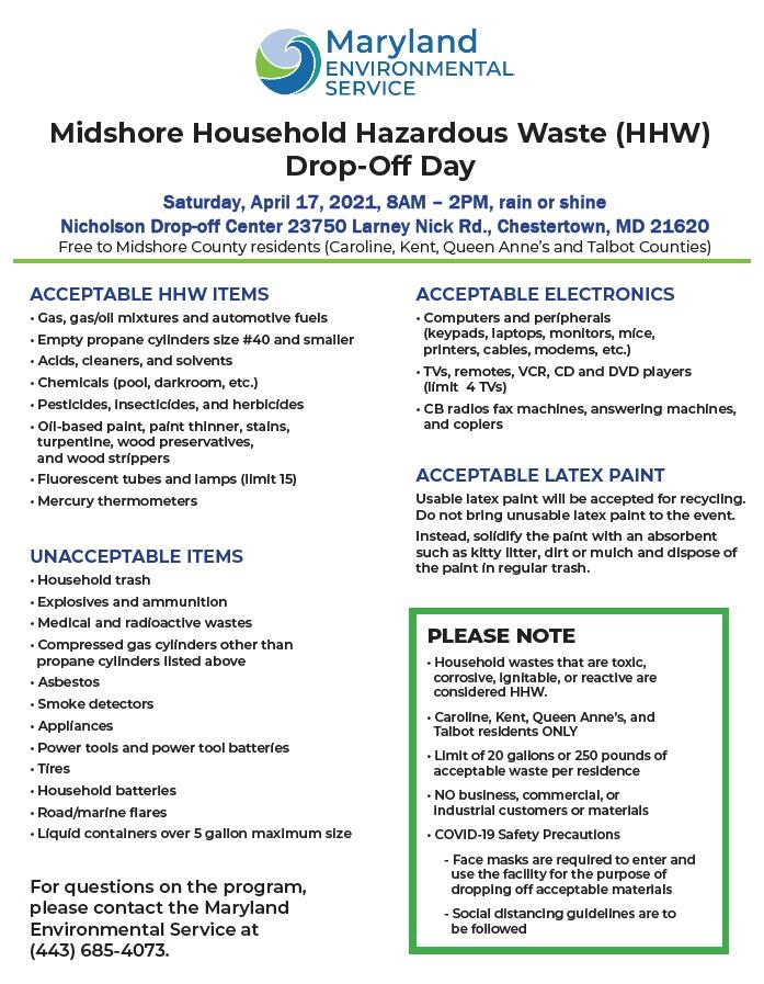 Household Hazardous Waste Drop Off Day, April 17 in Chestertown (Queen