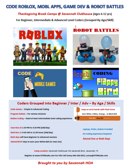 Nov 9 Thxgiving Break Roblox Coding Camps At Savannah Clubhouse Non Residents Welcome Ages 6 12 Yrs Nextdoor - robot ipad roblox