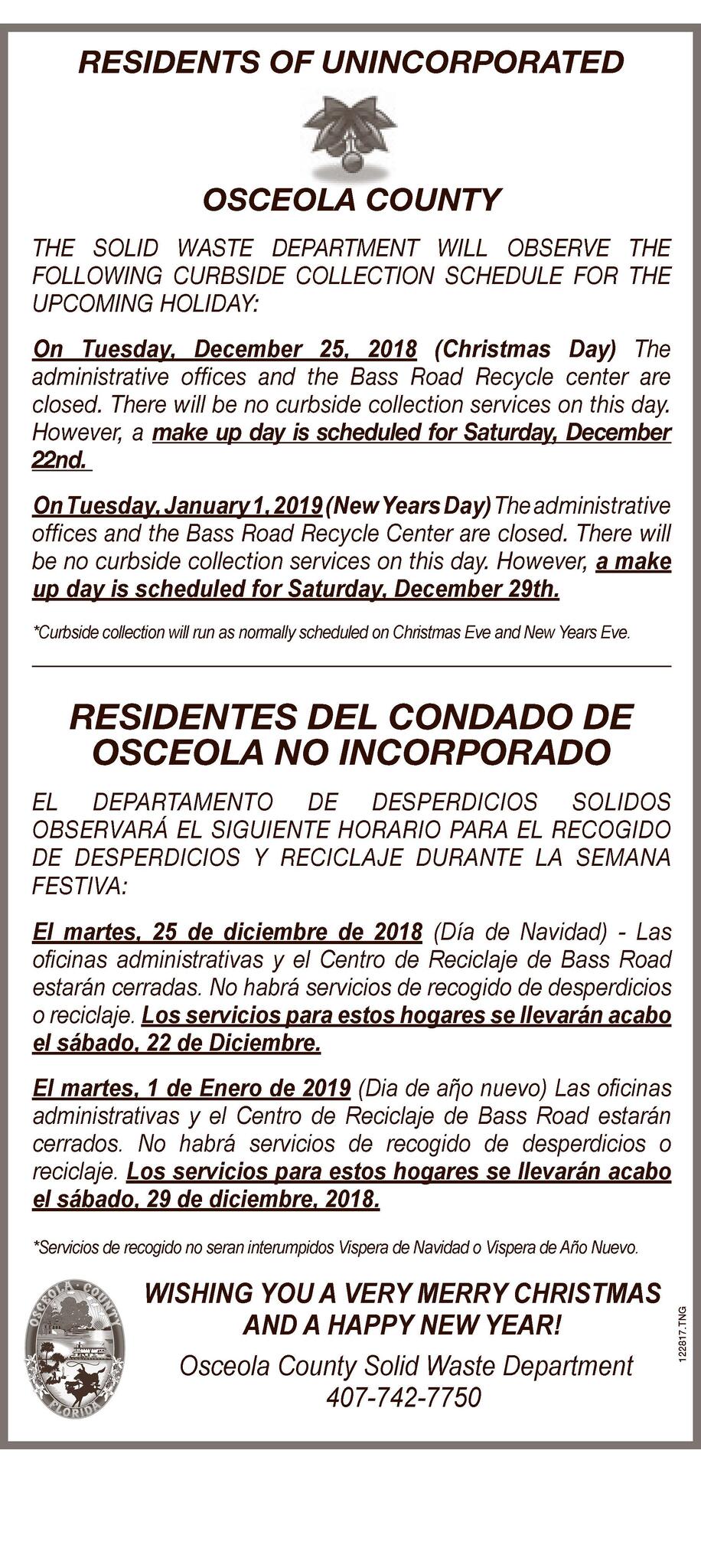 Holiday Waste Pickup Schedule (Osceola County) — Nextdoor — Nextdoor