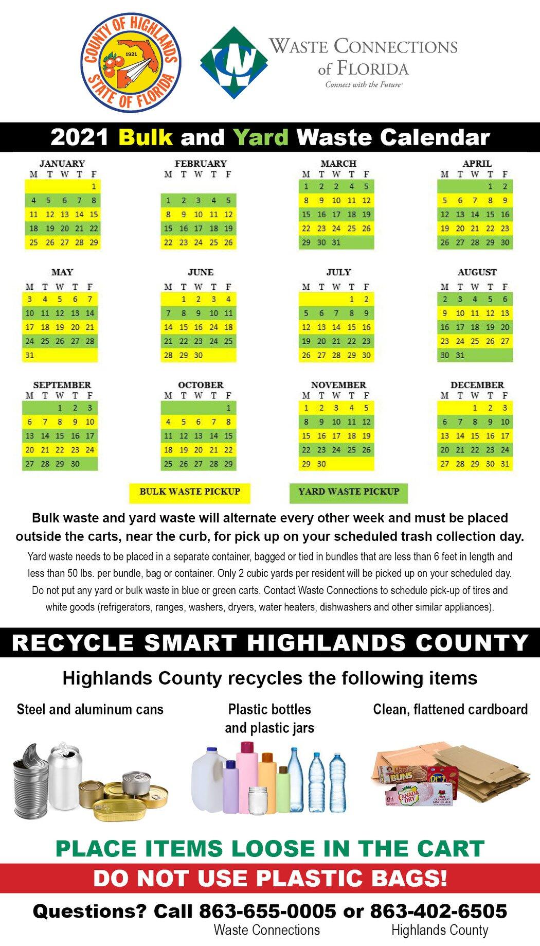 2021 bulk and yard waste calendars (Highlands County