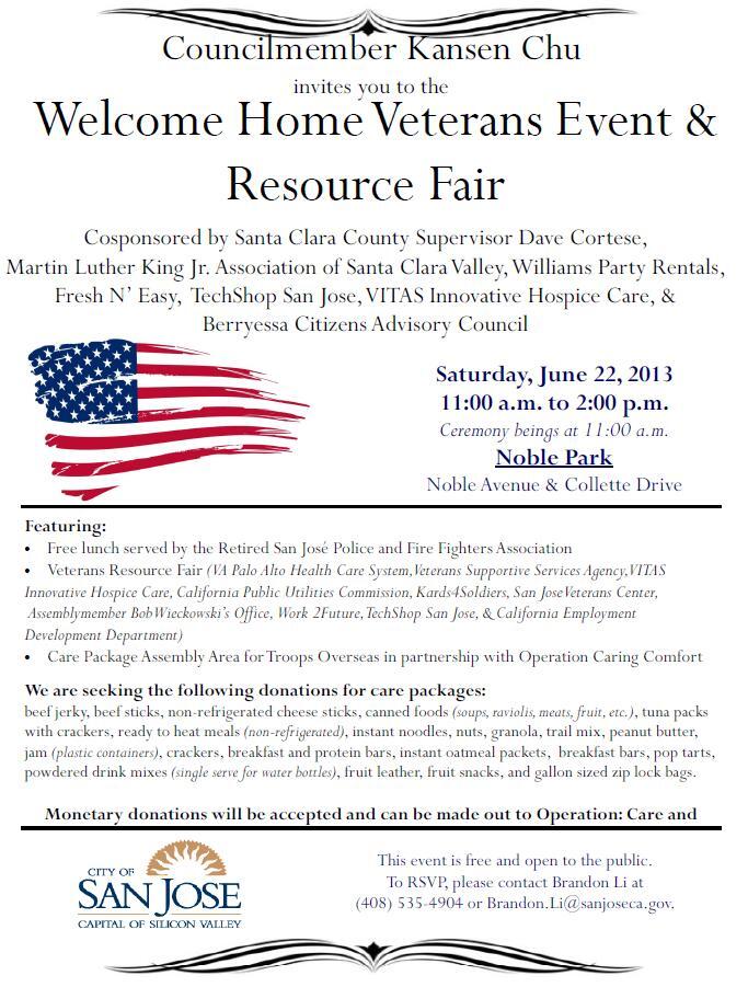 Welcome Home Veterans Event This Saturday Noble Park San Jose