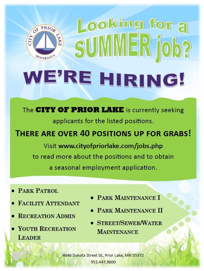 40 Seasonal Summer Jobs Available (City of Prior Lake) — Nextdoor ...