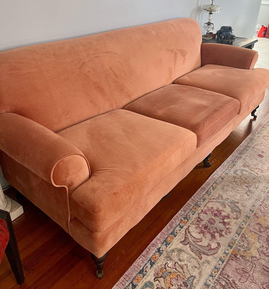 Vintage Orange Velvet Sofa - Mid Century Hollywood Regency Burnt Orange