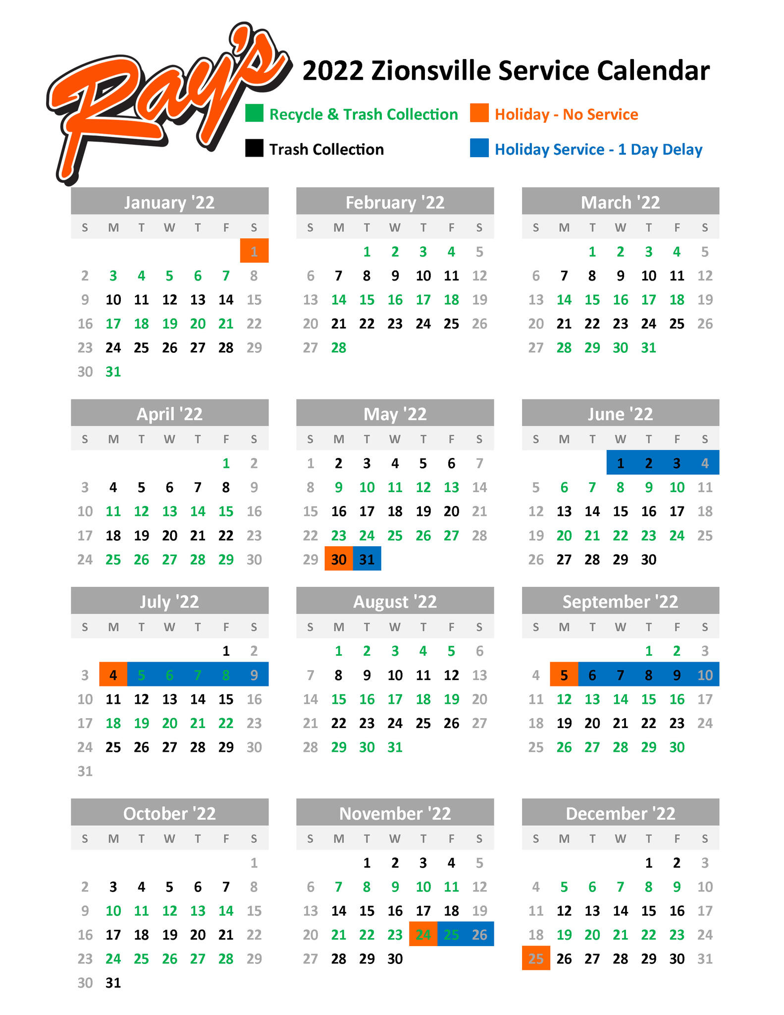 Rays Trash Holiday Schedule 2022 2022 Ray's Trash Calendar (Town Of Zionsville) &Mdash; Nextdoor — Nextdoor