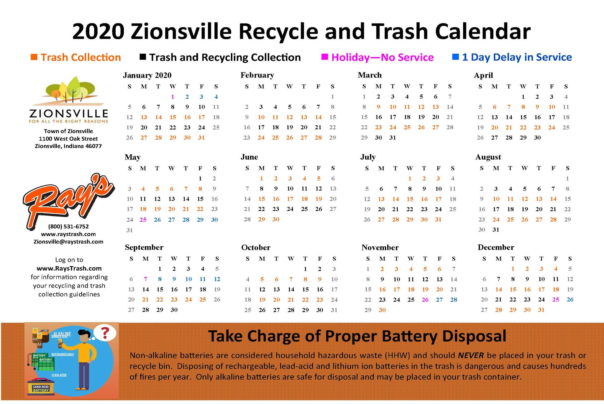 2020 Zionsville recycle and trash schedule (Town of Zionsville