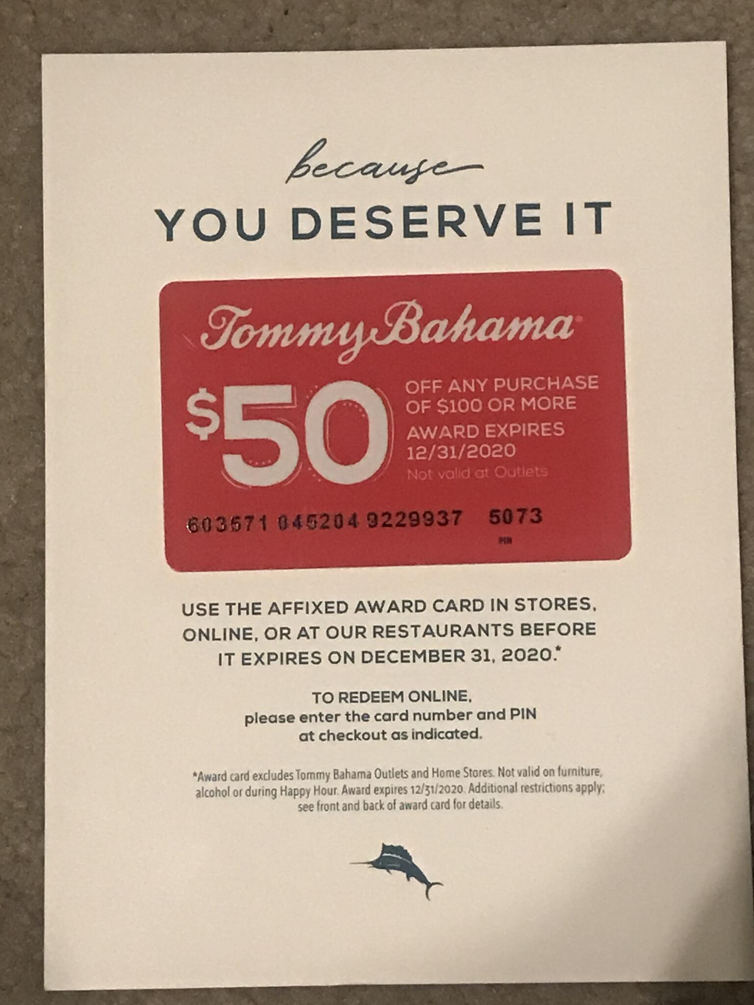 tommy bahama $50 award card
