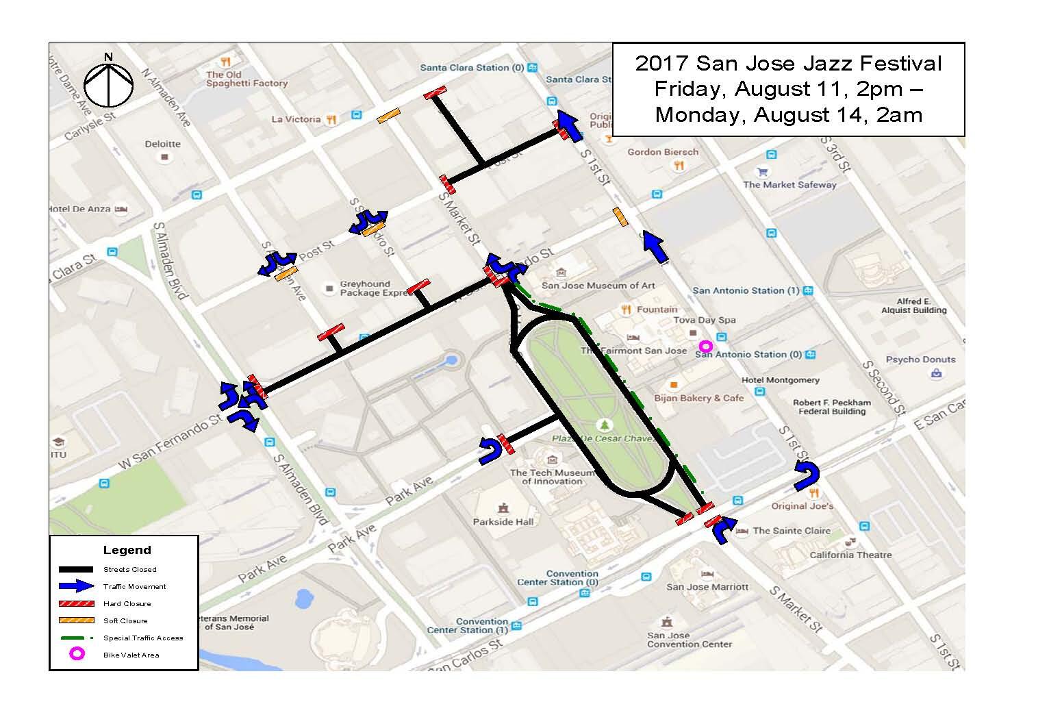 San Jose Jazz Festival Road Closures, Thursday, August 11 through