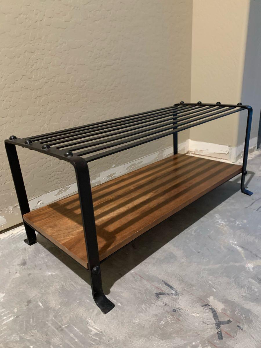 outdoor bench with shoe storage on 75 Pottery Barn Blacksmith Iron Shoe Rack Excellent Condition Nextdoor
