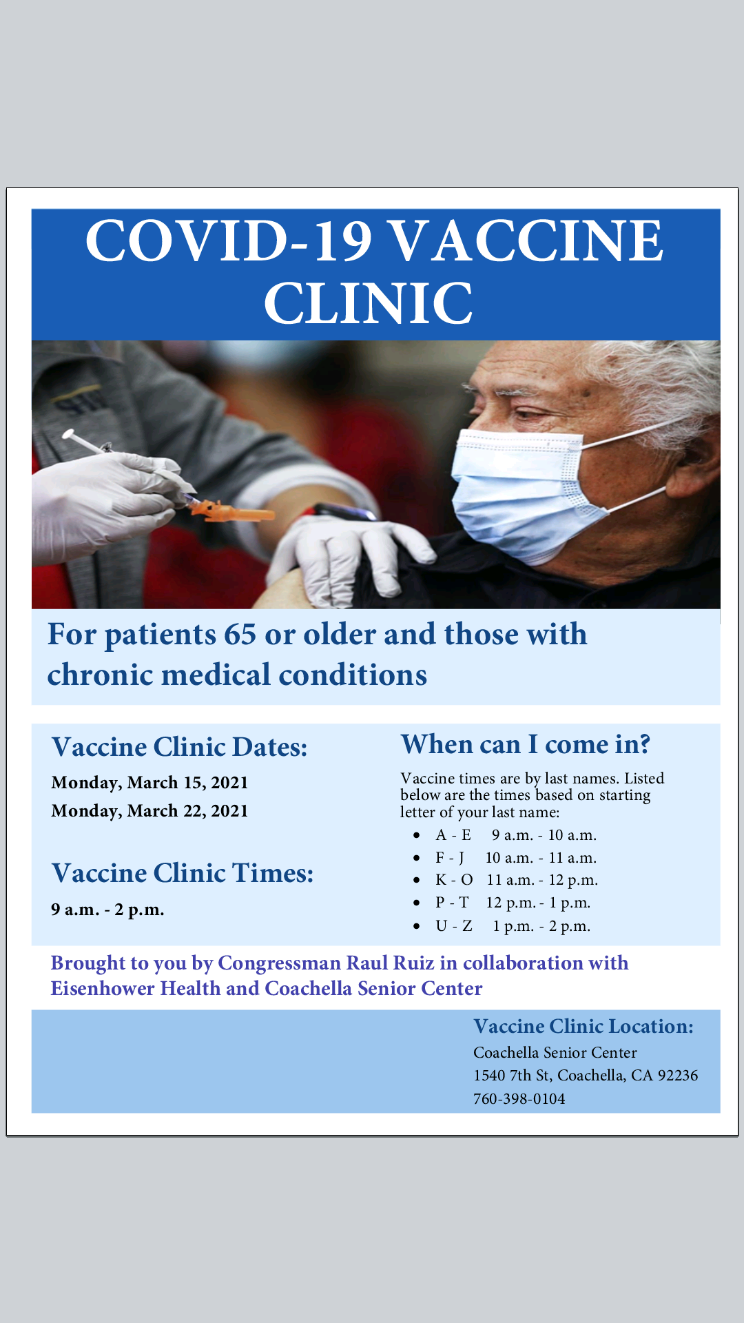 The Senior Center Will Be Offering The Covid 19 Vaccines For Patients 65 Or Older On Monday March 15 And 22 From 9am 2pm City Of Coachella Mdash Nextdoor Nextdoor