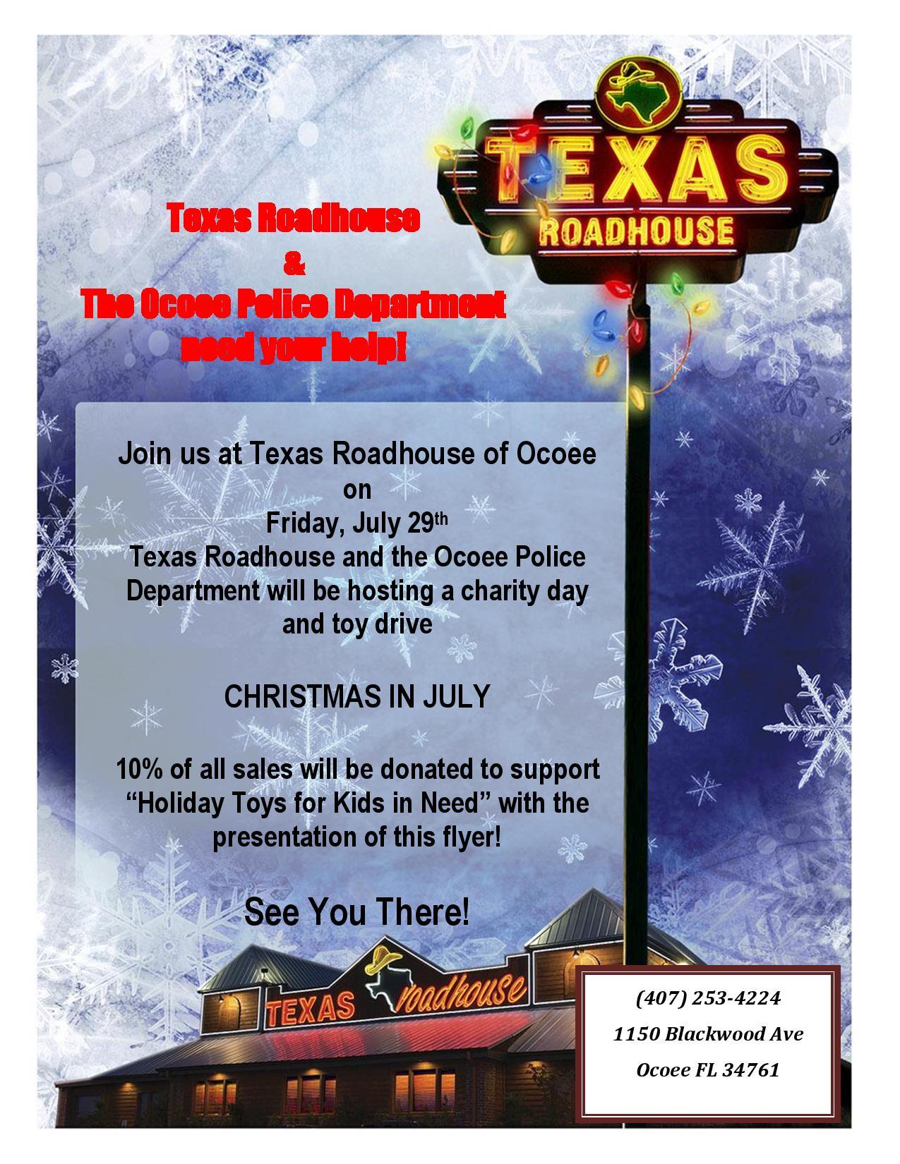 Christmas in July Toys for Kids in Need Program Join us at Texas Roadhouse July 29 Ocoee Police Department