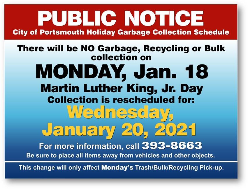 City of Portsmouth Holiday Garbage Collection Schedule for Martin