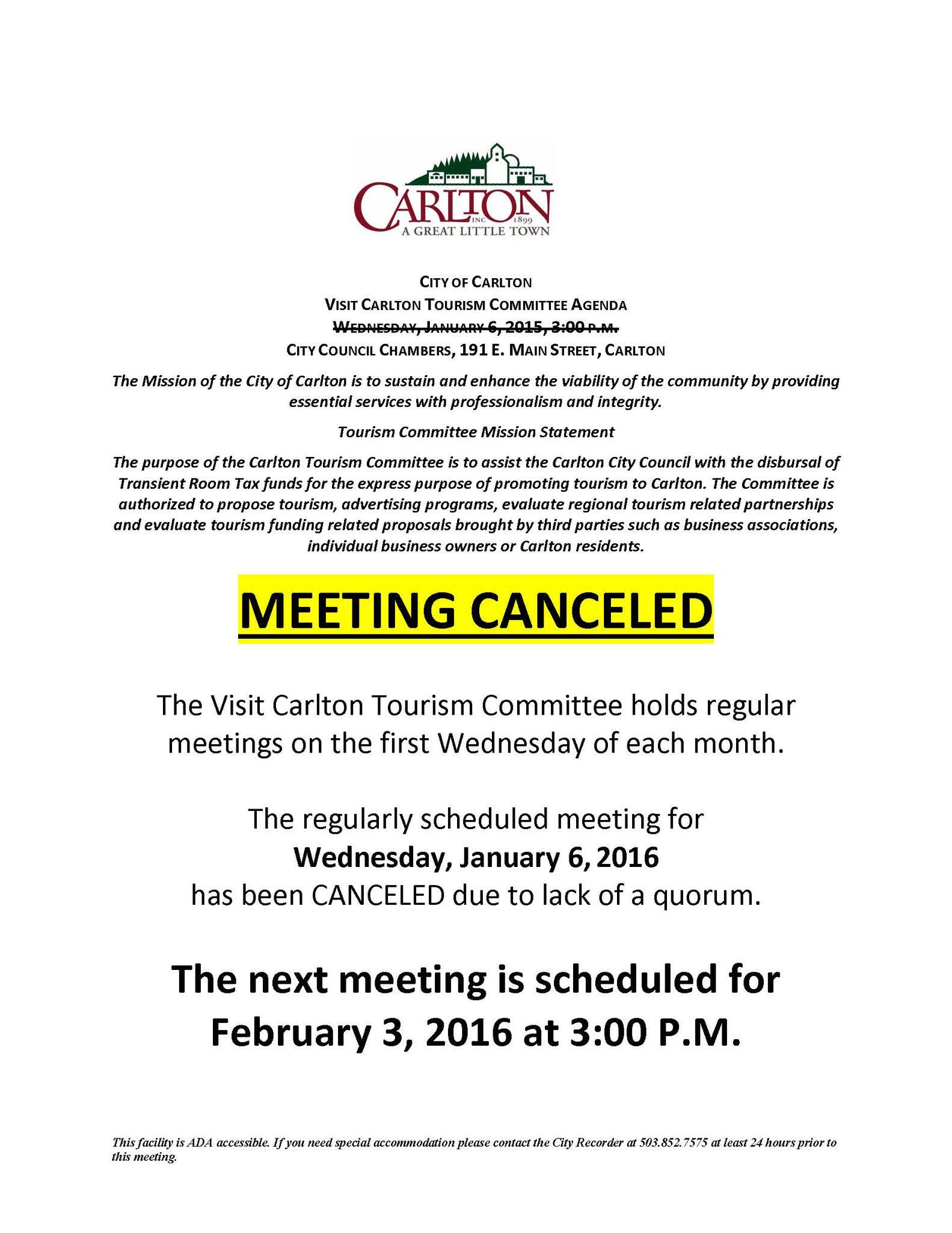 Meeting Canceled Visit Carlton Tourism Committee City Of Carlton Mdash Nextdoor Nextdoor